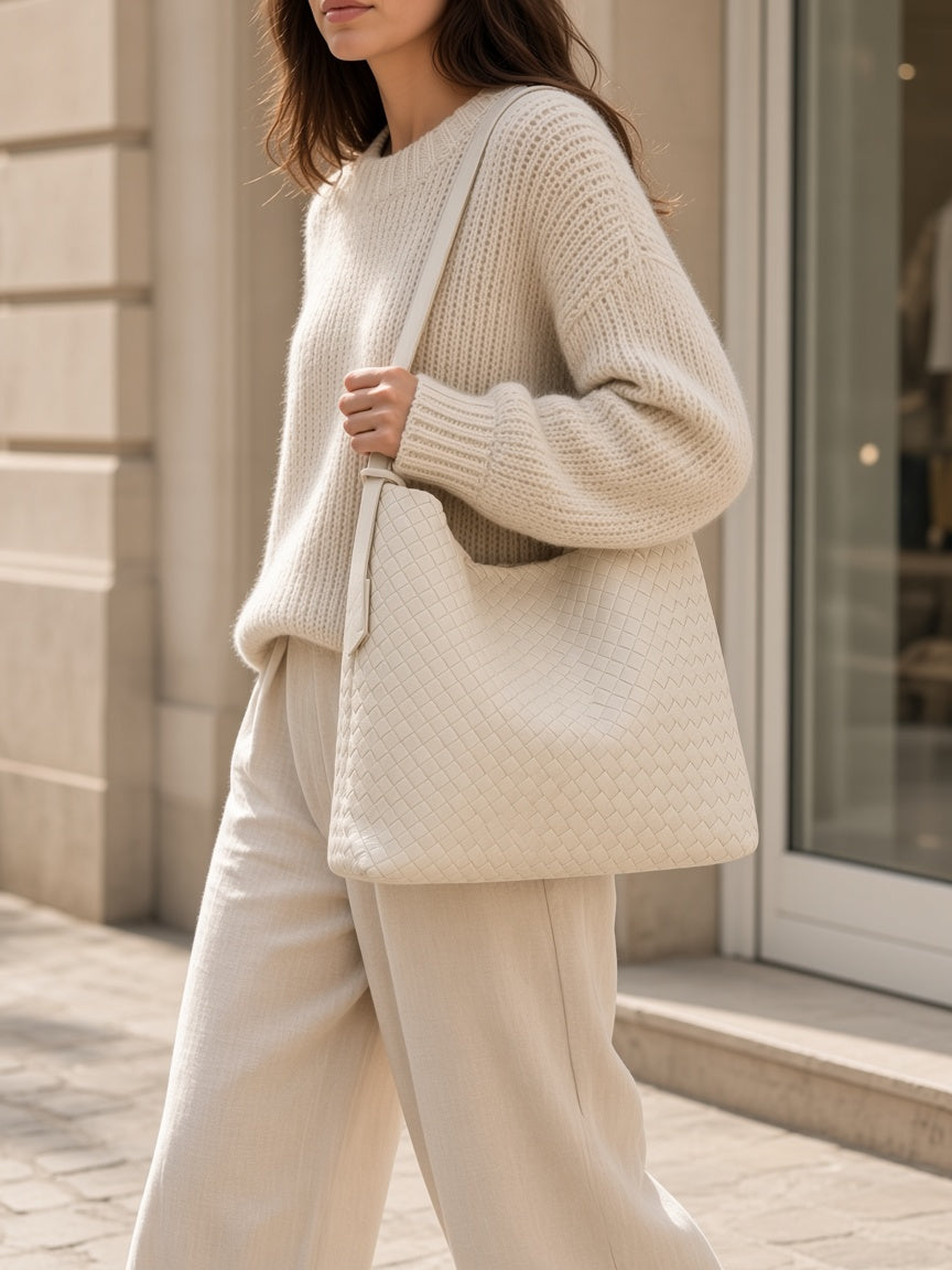 Model carrying the Luna Hobo Tote in Cream, handwoven leather shoulder bag