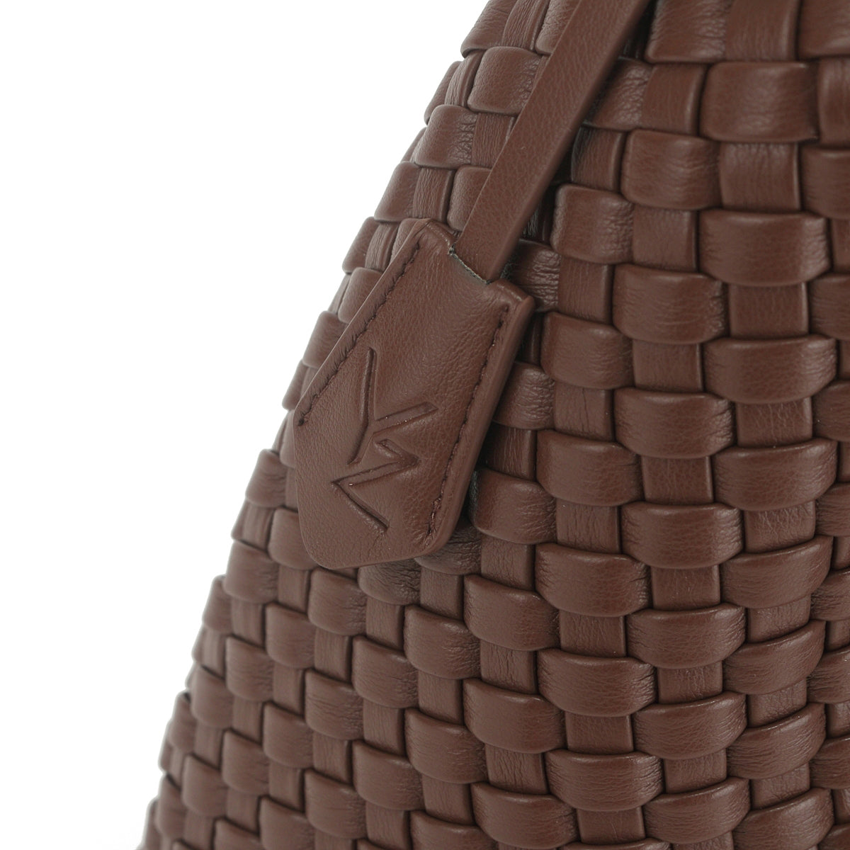 Luna Hobo Tote in Brown, handwoven leather and tab close-up