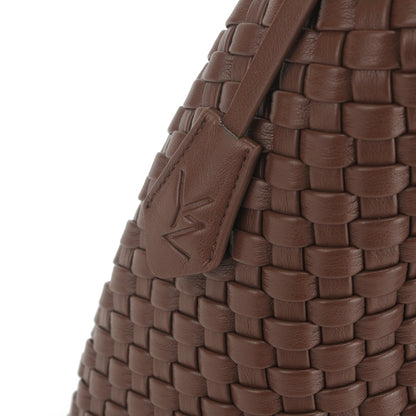 Luna Hobo Tote in Brown, handwoven leather and tab close-up
