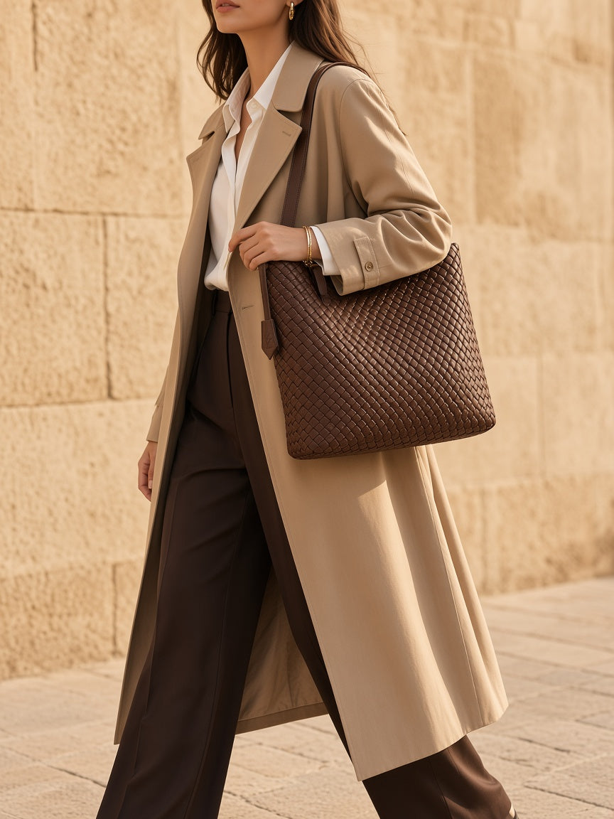 Model carrying the Luna Hobo Tote in Brown